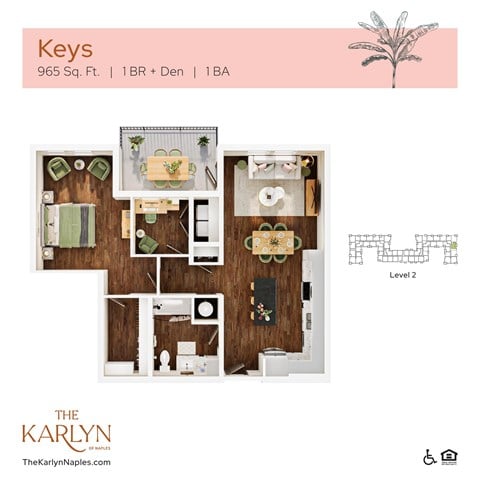 Floor plan for 1 bed, 1 bath, 965 sqft